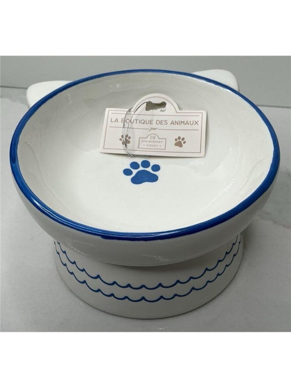 10 Strawberry Street Ears Up Elevated Cat Bowl, White Blue, 7-oz New